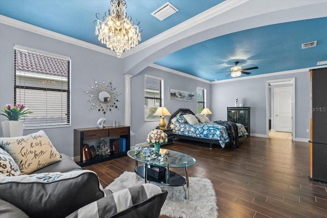 8358 Dunham Station Dr, Tampa, FL 33647 - bedroom with arched walkways, a chandelier, wood finished floors, ornamental molding, and ceiling fan