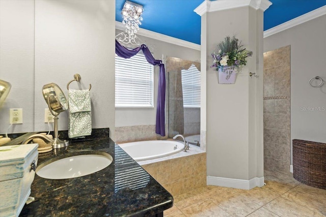 8358 Dunham Station Dr, Tampa, FL 33647 - bathroom with a bath, tile patterned flooring, crown molding, vanity, and tiled shower