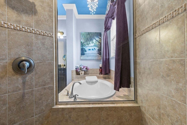 8358 Dunham Station Dr, Tampa, FL 33647 - bathroom featuring ornamental molding, a bath, and a tile shower