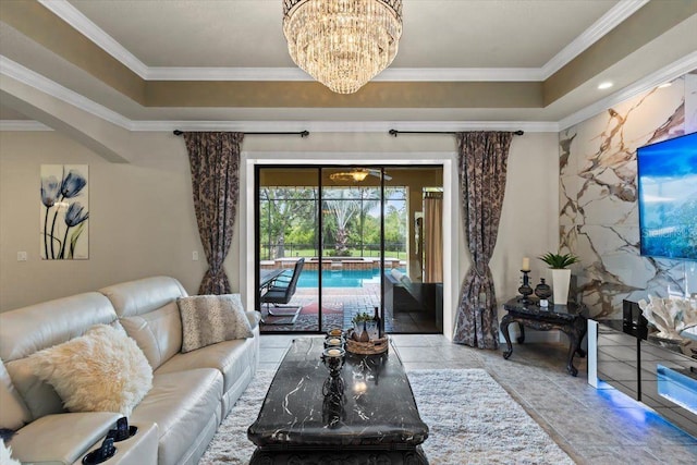 8358 Dunham Station Dr, Tampa, FL 33647 - living room with a chandelier and crown molding