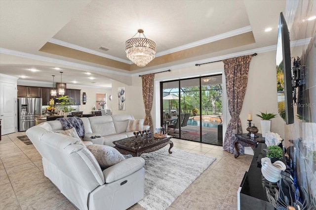 8358 Dunham Station Dr, Tampa, FL 33647 - living room featuring a chandelier, a tray ceiling, light tile patterned flooring, crown molding, and recessed lighting