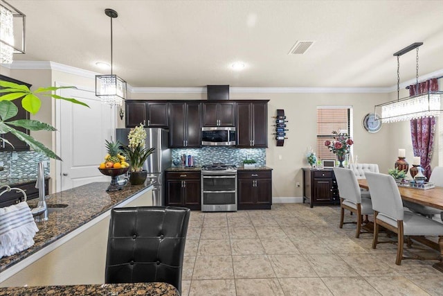 8358 Dunham Station Dr, Tampa, FL 33647 - kitchen featuring stainless steel appliances, tasteful backsplash, ornamental molding, dark brown cabinetry, and hanging light fixtures