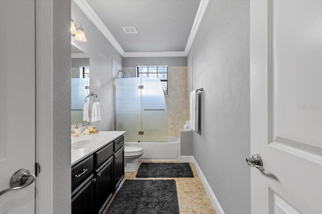 8358 Dunham Station Dr, Tampa, FL 33647 - full bathroom featuring vanity, ornamental molding, and shower / bath combination with glass door
