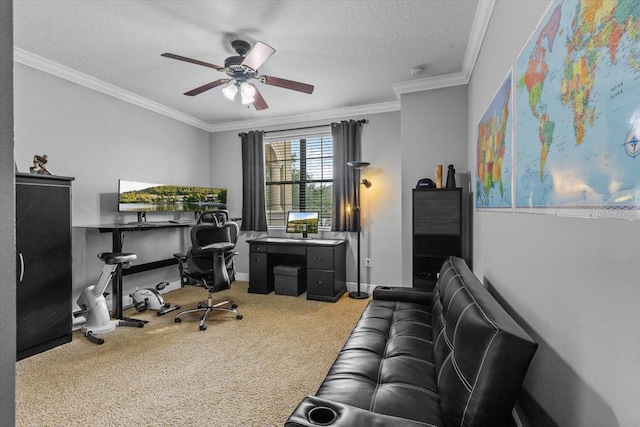 8358 Dunham Station Dr, Tampa, FL 33647 - carpeted office featuring a ceiling fan, crown molding, and a textured ceiling