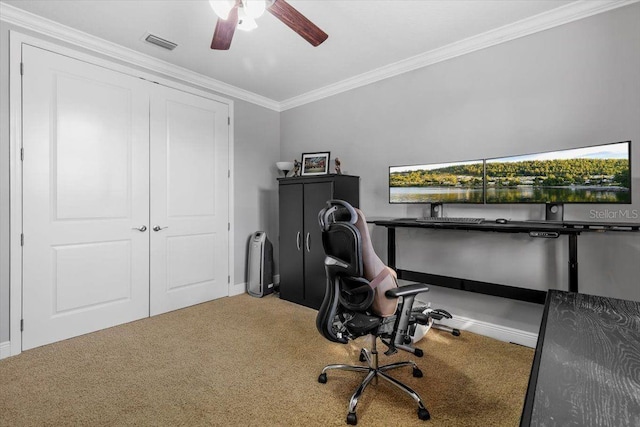8358 Dunham Station Dr, Tampa, FL 33647 - office featuring carpet, ceiling fan, and ornamental molding