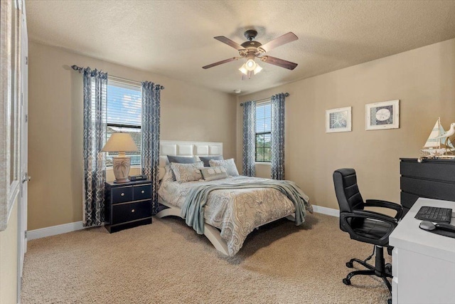 8358 Dunham Station Dr, Tampa, FL 33647 - bedroom with light carpet, a desk, multiple windows, ceiling fan, and a textured ceiling