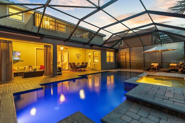 8358 Dunham Station Dr, Tampa, FL 33647 - outdoor pool featuring an in-ground hot tub, a patio, an outdoor hangout area, and outdoor dining space