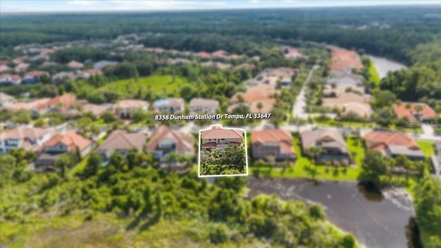 8358 Dunham Station Dr, Tampa, FL 33647 - aerial perspective of suburban area with property parcel outlined and a forest