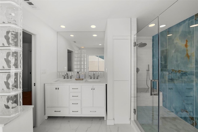 5884 51st St S, Saint Petersburg, FL 33715 - full bathroom with recessed lighting, double vanity, a shower stall, and marble look tiles