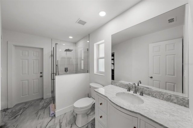 5884 51st St S, Saint Petersburg, FL 33715 - bathroom featuring vanity, a shower stall, marble finish floors, and recessed lighting