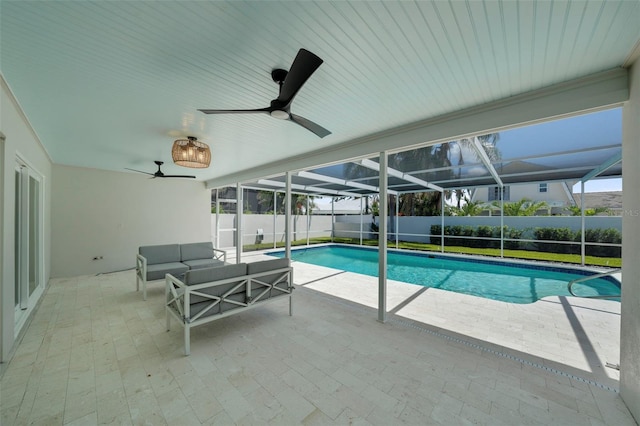5884 51st St S, Saint Petersburg, FL 33715 - view of pool featuring an outdoor living space, a fenced backyard, a patio area, ceiling fan, and a lanai