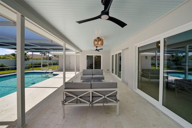 5884 51st St S, Saint Petersburg, FL 33715 - view of patio / terrace featuring an outdoor hangout area, ceiling fan, and glass enclosure
