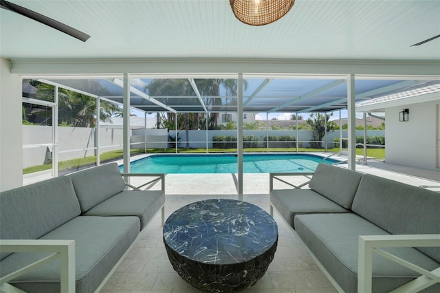 5884 51st St S, Saint Petersburg, FL 33715 - view of pool with an outdoor hangout area, a patio, a fenced backyard, and a lanai