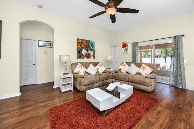 12337 Rose Haven Blvd, New Port Richey, FL 34654 - living area featuring arched walkways, wood finished floors, and ceiling fan