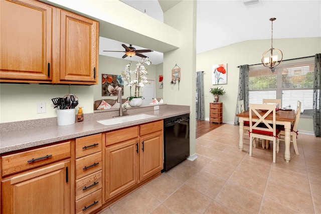 12337 Rose Haven Blvd, New Port Richey, FL 34654 - kitchen with black dishwasher, lofted ceiling, a ceiling fan, light tile patterned floors, and hanging light fixtures