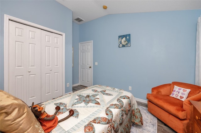12337 Rose Haven Blvd, New Port Richey, FL 34654 - bedroom featuring lofted ceiling, wood finished floors, and a closet