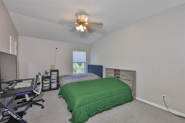 5717 Fishhawk Ridge Dr, Lithia, FL 33547 - carpeted bedroom with an office area, lofted ceiling, a ceiling fan, and a textured ceiling