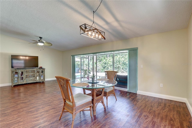 6865 Circle Creek Dr, Pinellas Park, FL 33781 - dining room featuring a textured ceiling, a ceiling fan, wood finished floors, and vaulted ceiling