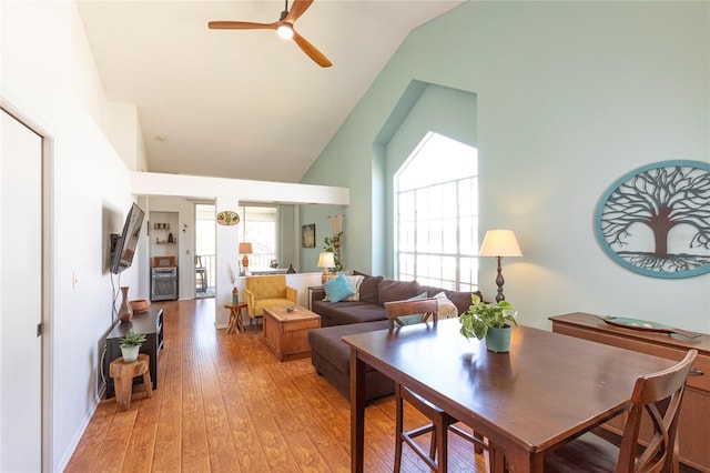 112 Sun Isle Cir Unit 112, Treasure Island, FL 33706 - living area with a ceiling fan, light wood finished floors, and high vaulted ceiling