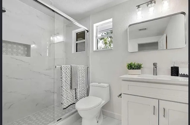 19003 Cedar Ln, Lutz, FL 33548 - full bathroom with vanity, a marble finish shower, and marble look tile flooring