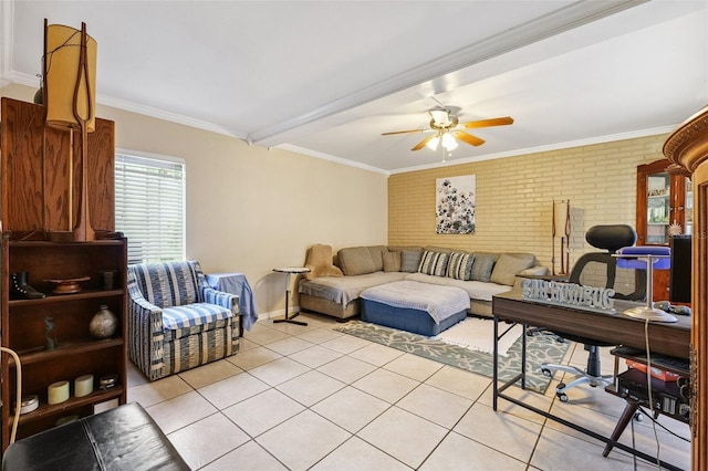 14803 Tulip Dr, Tampa, FL 33613 - living room featuring brick wall, light tile patterned floors, a ceiling fan, ornamental molding, and beam ceiling