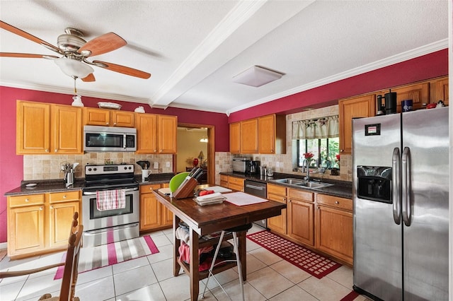 14803 Tulip Dr, Tampa, FL 33613 - kitchen with stainless steel appliances, crown molding, dark countertops, tasteful backsplash, and a ceiling fan