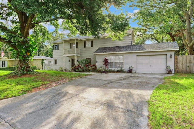 14803 Tulip Dr, Tampa, FL 33613 - traditional-style house with brick siding, an attached garage, concrete driveway, and a balcony
