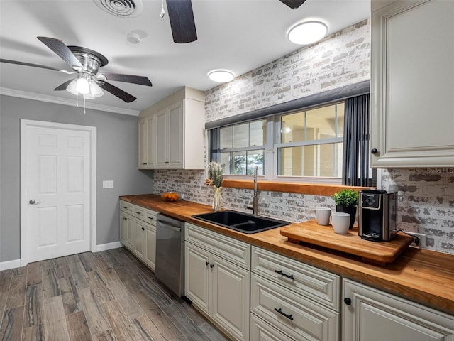 3944 49th Ave S, Saint Petersburg, FL 33711 - kitchen with wood counters, a ceiling fan, dishwasher, backsplash, and dark wood finished floors