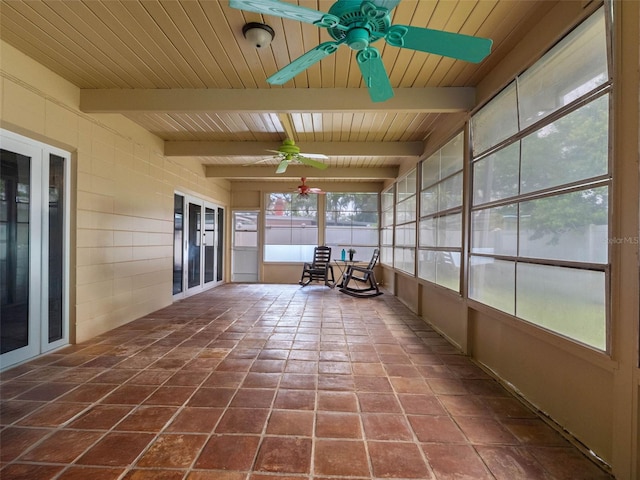 3944 49th Ave S, Saint Petersburg, FL 33711 - unfurnished sunroom with a ceiling fan, a wooden ceiling with exposed beams, and french doors
