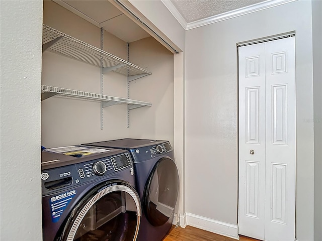 6001 Lemon Tree Ct, Tampa, FL 33625 - laundry room with wood finished floors, ornamental molding, and washing machine and dryer