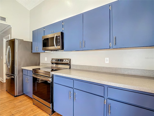 6001 Lemon Tree Ct, Tampa, FL 33625 - kitchen with stainless steel appliances, blue cabinets, light countertops, and light wood finished floors