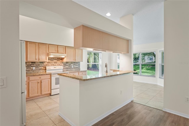 11412 Alden Ct, Hudson, FL 34667 - kitchen with white appliances, under cabinet range hood, light stone counters, decorative backsplash, and a high ceiling