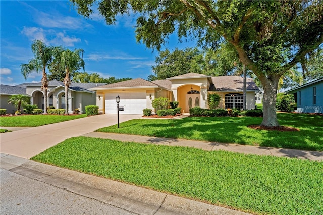11412 Alden Ct, Hudson, FL 34667 - view of front facade with a garage, stucco siding, concrete driveway, and a front lawn
