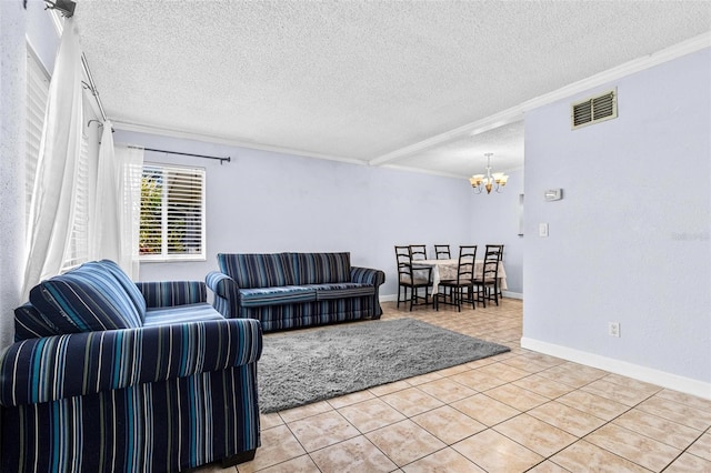 1813 Bough Ave Unit B, Clearwater, FL 33760 - tiled living room featuring crown molding, a chandelier, and a textured ceiling