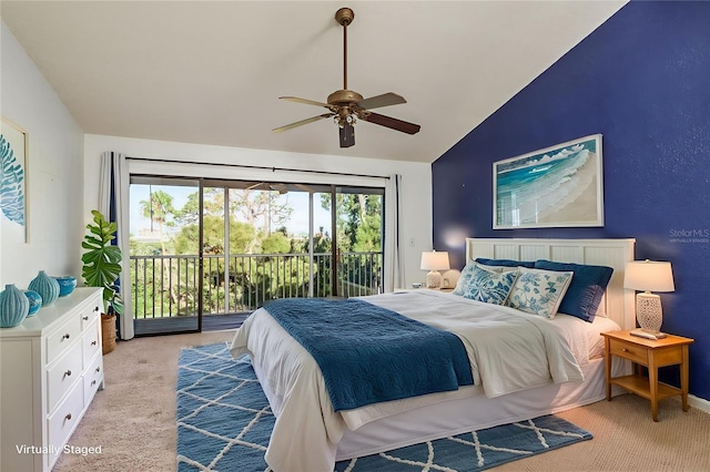 9660 Tara Cay Ct Unit 38, Seminole, FL 33776 - bedroom featuring lofted ceiling, light colored carpet, access to outside, and ceiling fan