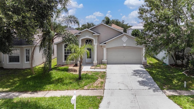 10039 Creek Bluff Dr, Riverview, FL 33578 - view of front facade featuring driveway, a garage, stucco siding, and a front lawn