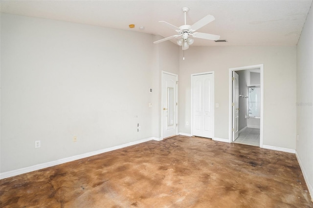 10039 Creek Bluff Dr, Riverview, FL 33578 - unfurnished bedroom with lofted ceiling, concrete flooring, ensuite bathroom, and ceiling fan