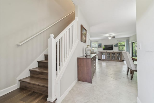 28568 Tranquil Lake Cir, Wesley Chapel, FL 33543 - staircase with baseboards and a ceiling fan