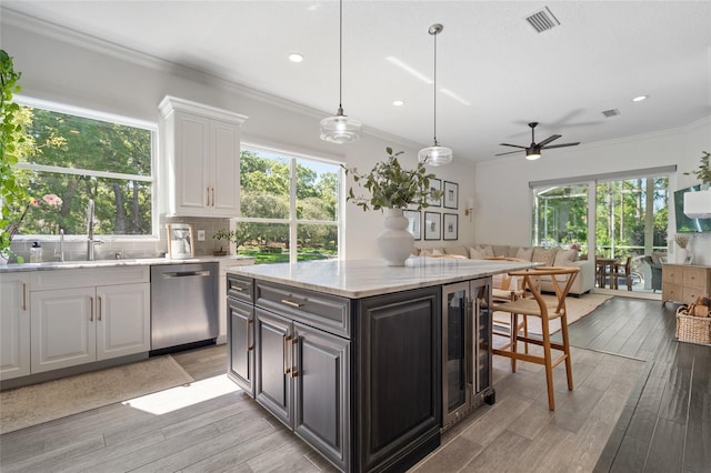2182 Trevor Rd, Palm Harbor, FL 34683 - kitchen featuring dishwasher, wine cooler, white cabinetry, light wood-type flooring, and healthy amount of natural light