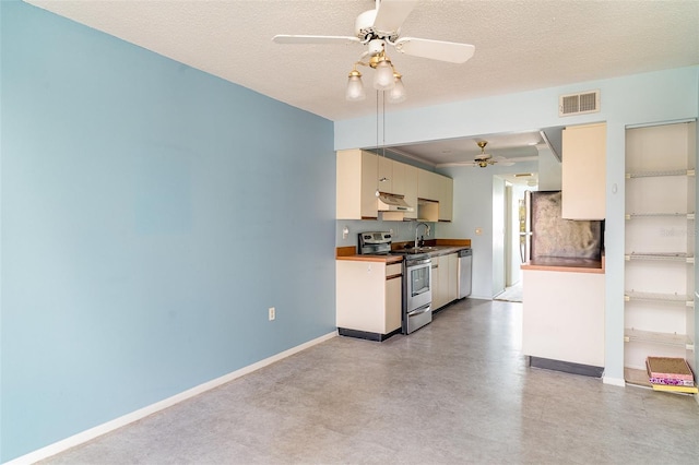 635 30th Ave W Unit F309, Bradenton, FL 34205 - kitchen with appliances with stainless steel finishes, under cabinet range hood, ceiling fan, finished concrete flooring, and a textured ceiling