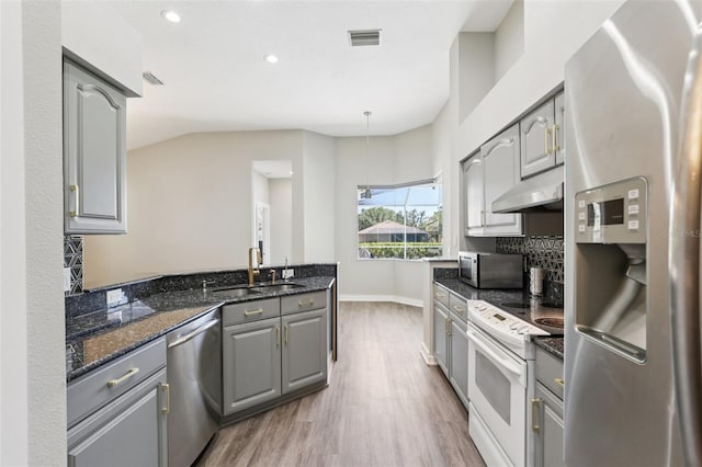 19113 Golden Cacoon Pl, Lutz, FL 33558 - kitchen with stainless steel appliances, gray cabinets, under cabinet range hood, a peninsula, and recessed lighting
