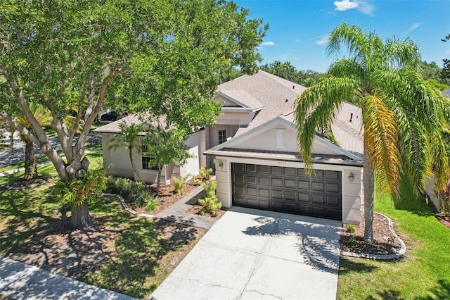 19113 Golden Cacoon Pl, Lutz, FL 33558 - obstructed view of property with an attached garage, concrete driveway, and stucco siding