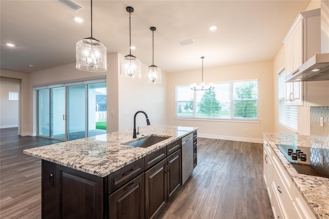8749 Drummer Plank Dr, Wesley Chapel, FL 33545 - kitchen featuring wall chimney exhaust hood, dishwasher, dark wood-style floors, white cabinetry, and recessed lighting