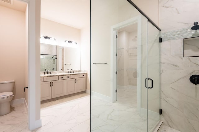 8749 Drummer Plank Dr, Wesley Chapel, FL 33545 - full bath with marble finish floors, a shower stall, double vanity, and a spacious closet