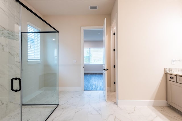 8749 Drummer Plank Dr, Wesley Chapel, FL 33545 - full bath with vanity, a marble finish shower, and marble finish floors