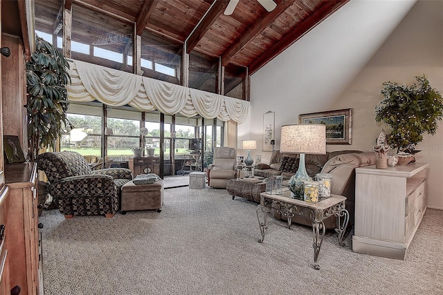 140 Dale Pl, Oldsmar, FL 34677 - living room featuring carpet floors, high vaulted ceiling, a wooden ceiling with exposed beams, and ceiling fan