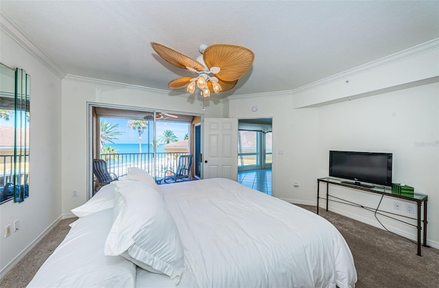 16600 Gulf Blvd Unit 437, North Redington Beach, FL 33708 - bedroom featuring access to outside, carpet floors, ornamental molding, and ceiling fan