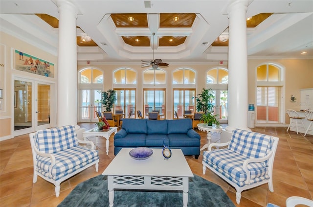 16600 Gulf Blvd Unit 437, North Redington Beach, FL 33708 - living area featuring ornate columns, crown molding, coffered ceiling, plenty of natural light, and a high ceiling