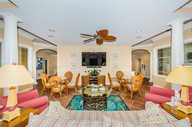 16600 Gulf Blvd Unit 437, North Redington Beach, FL 33708 - living area featuring arched walkways, tile patterned floors, ceiling fan, recessed lighting, and crown molding