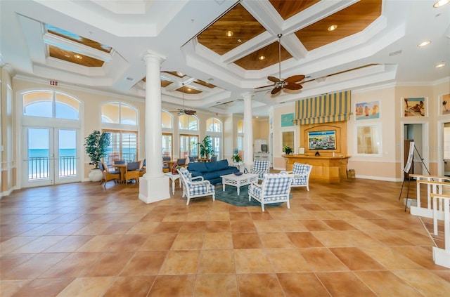 16600 Gulf Blvd Unit 437, North Redington Beach, FL 33708 - lobby with coffered ceiling, crown molding, recessed lighting, a towering ceiling, and beamed ceiling